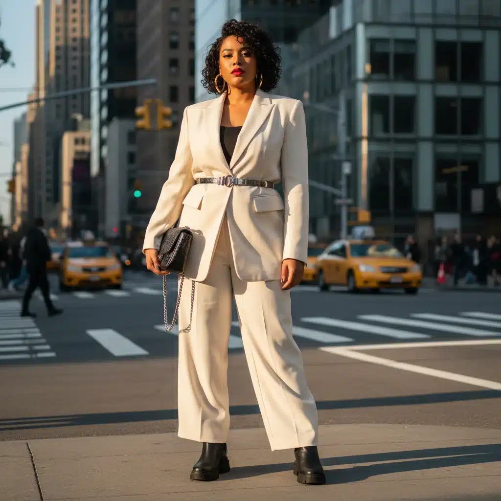 Mannequin grande taille portant un blazer ajusté et un pantalon large de la collection Shein Curve 'Chic Urbain' dans un environnement urbain.