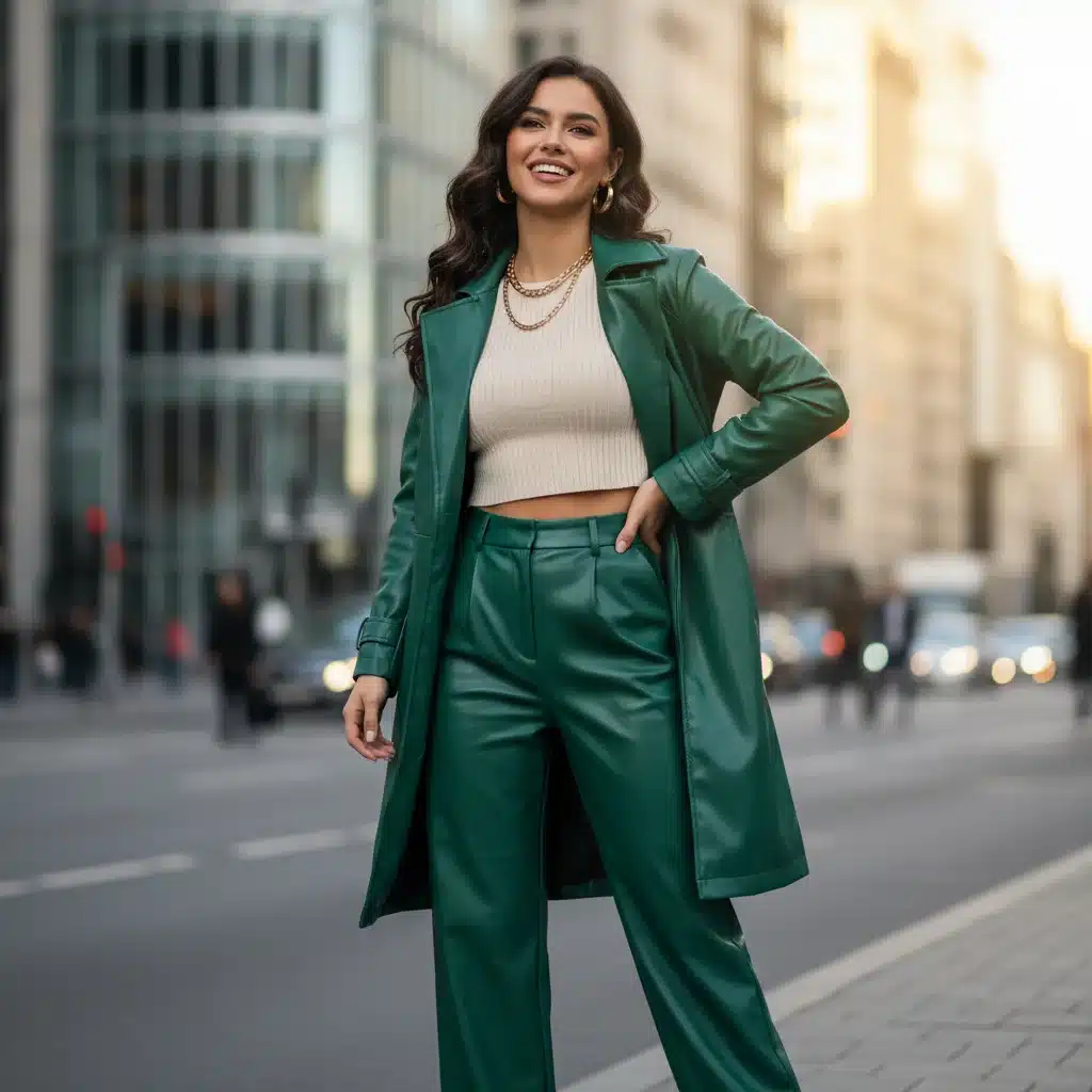 Jeune femme élégante et souriante portant une tenue Shein parfaitement ajustée, rayonnante de confiance.
