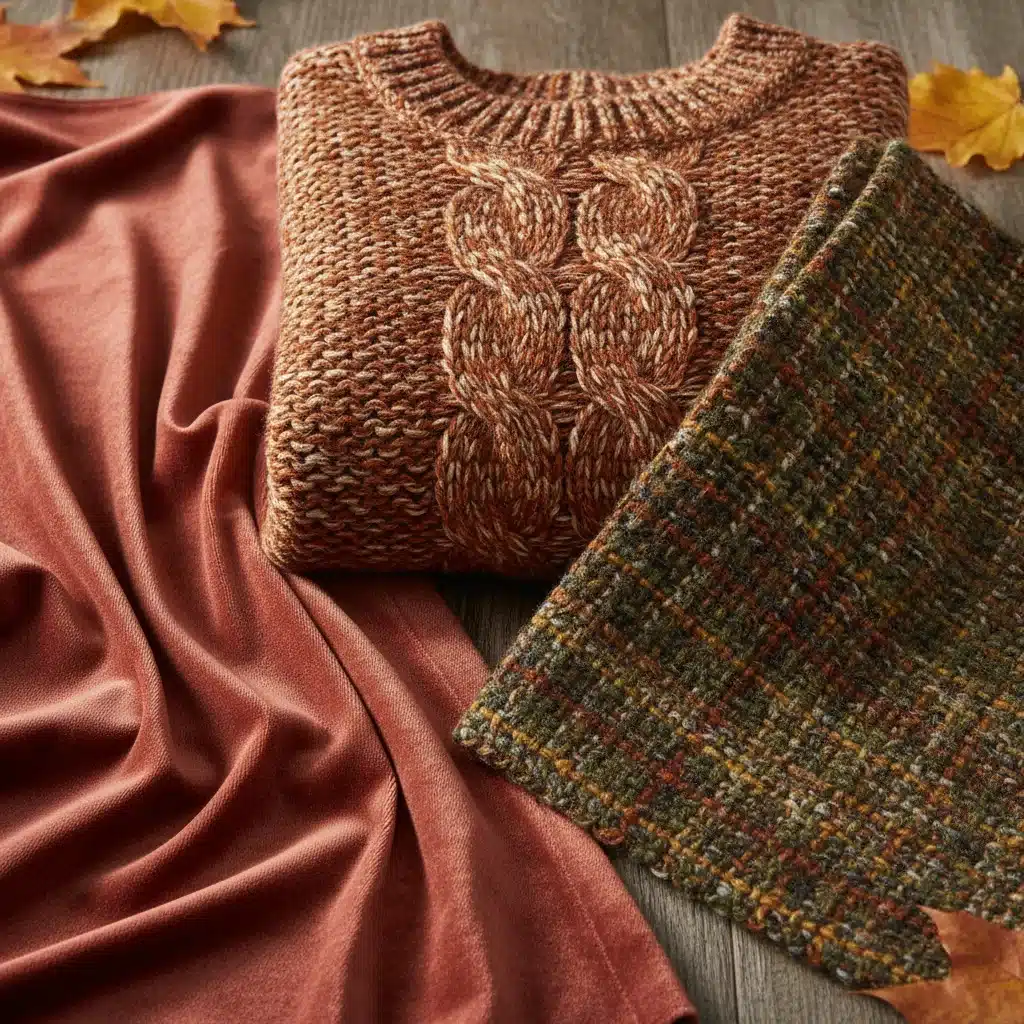 Gros plan sur différentes textures de tissus d'automne : maille épaisse, velours lisse et tweed, dans des tons chauds.