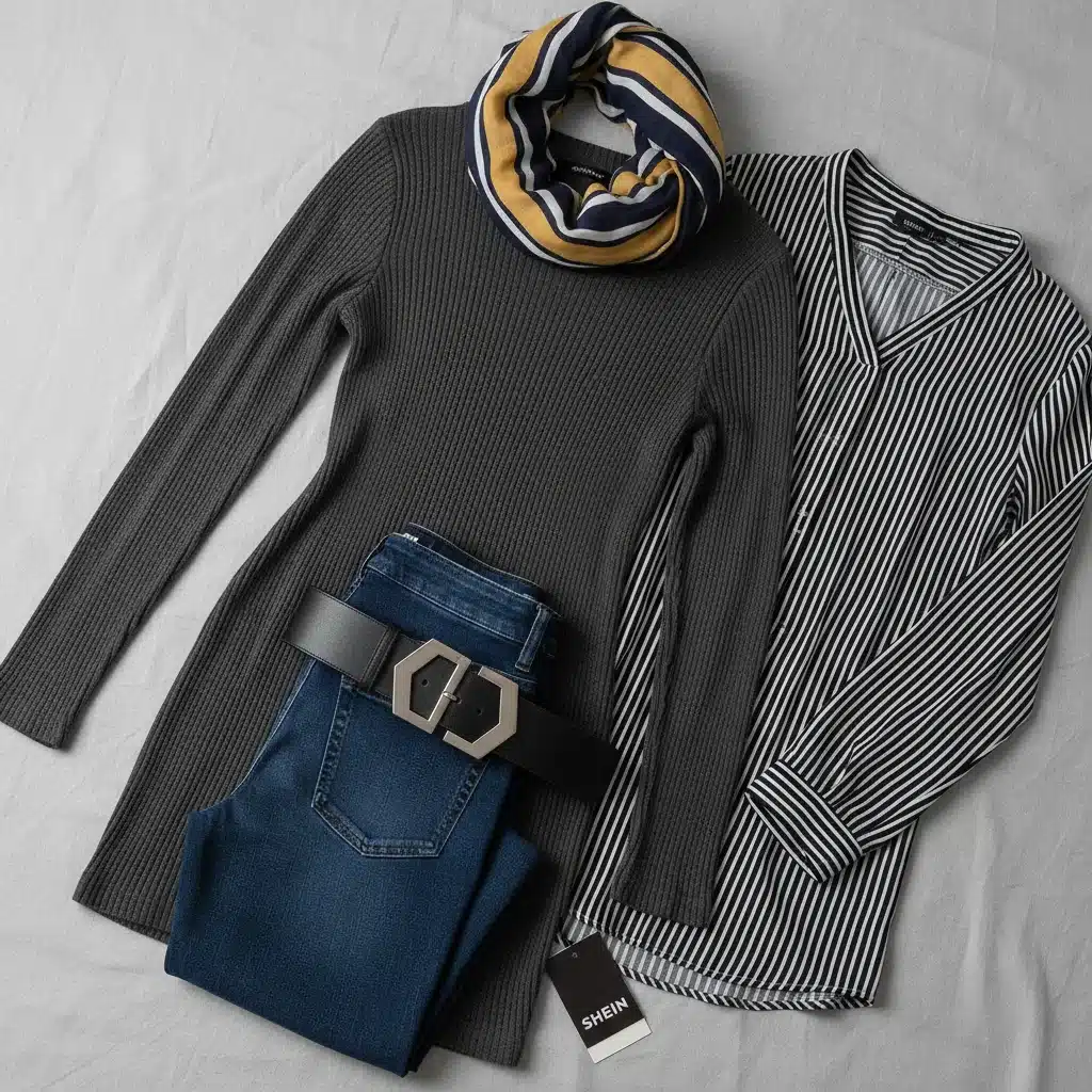 Sélection de vêtements SHEIN aux motifs et textures amincissants, incluant accessoires.