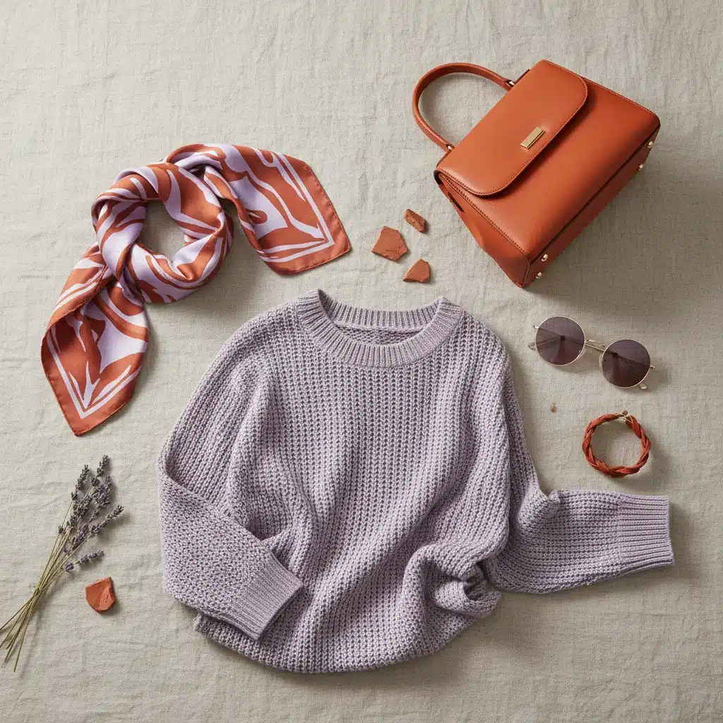 Accessoires mode en lavande douce et terracotta, illustration d'une combinaison de couleurs tendance 2026