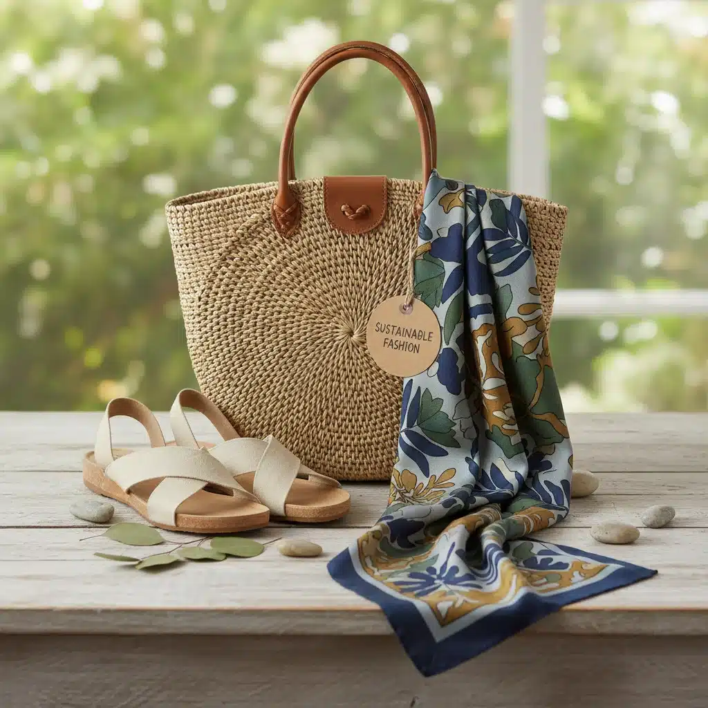 Accessoires de mode durables: sac en paille tressée, sandales en liège et foulard en soie aux teintures naturelles, sur une table en bois.