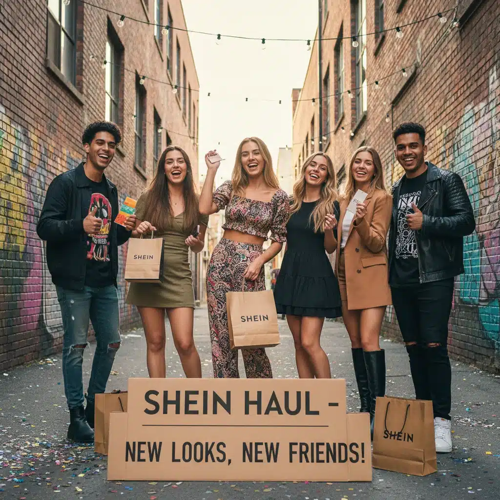 Groupe d'amis souriants présentant leurs nouvelles tenues Shein dans un cadre urbain, célébrant la mode abordable.