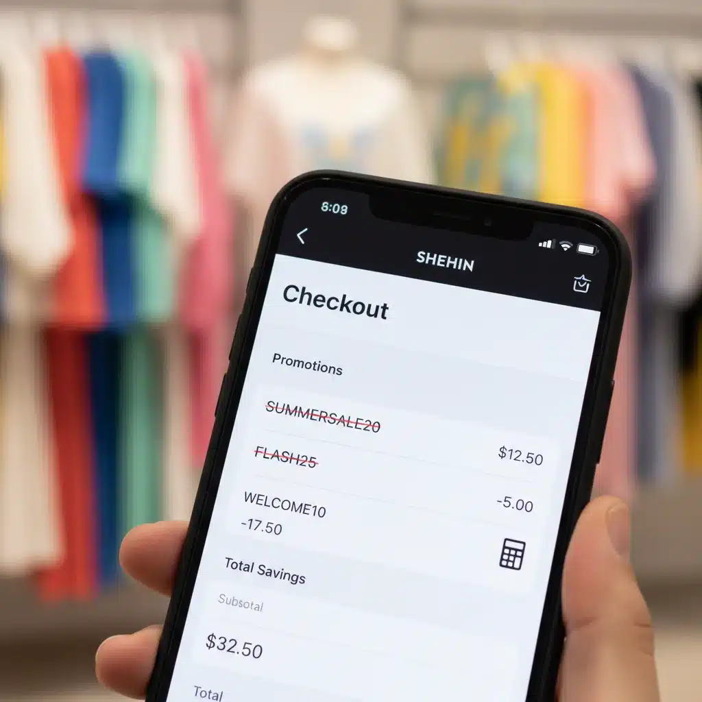Écran de smartphone affichant un panier Shein avec des codes promo appliqués.