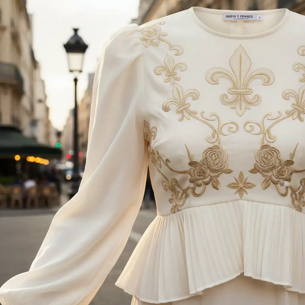 Détail d'un vêtement de la collection Shein X France 2026, alliant style français et accessibilité.
