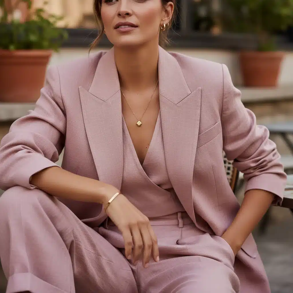 Détail d'un costume en lin pastel, coupe impeccable, avec des bijoux dorés minimalistes, illustrant l'élégance et le confort estival.