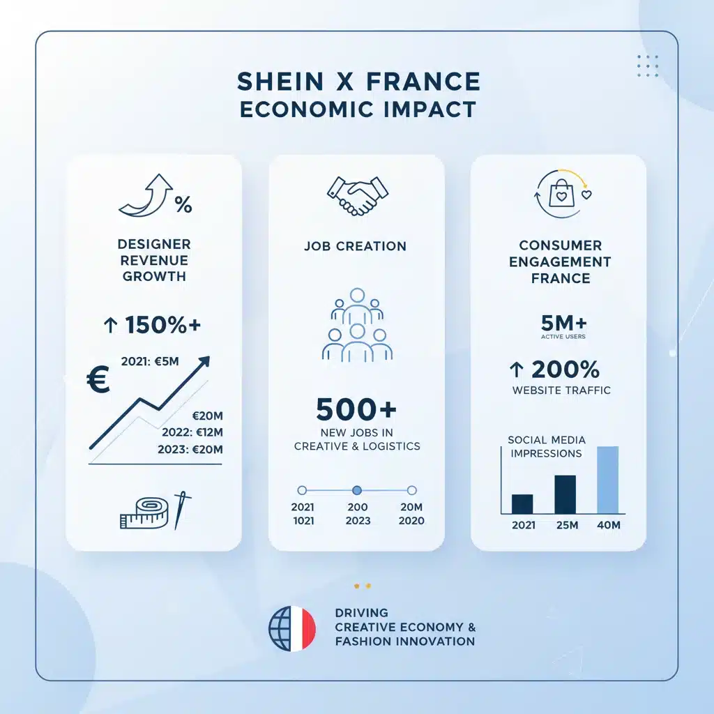 Infographie montrant l'impact économique des collaborations Shein X France sur l'industrie française.