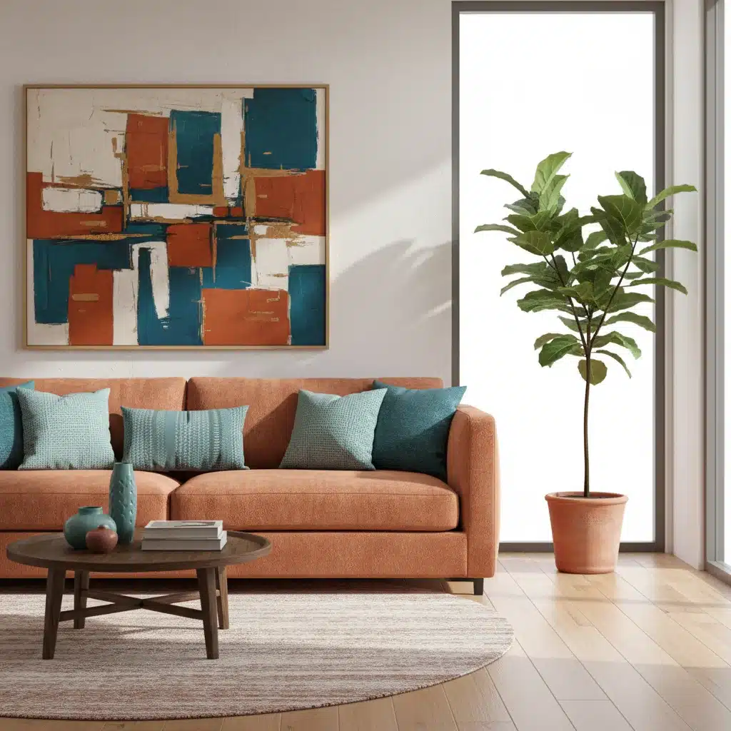 Intérieur moderne avec canapé terracotta et accents turquoise