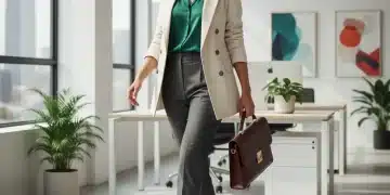 Look de bureau chic et moderne pour femme en 2026, avec blazer, pantalon tailleur et chemisier en soie.
