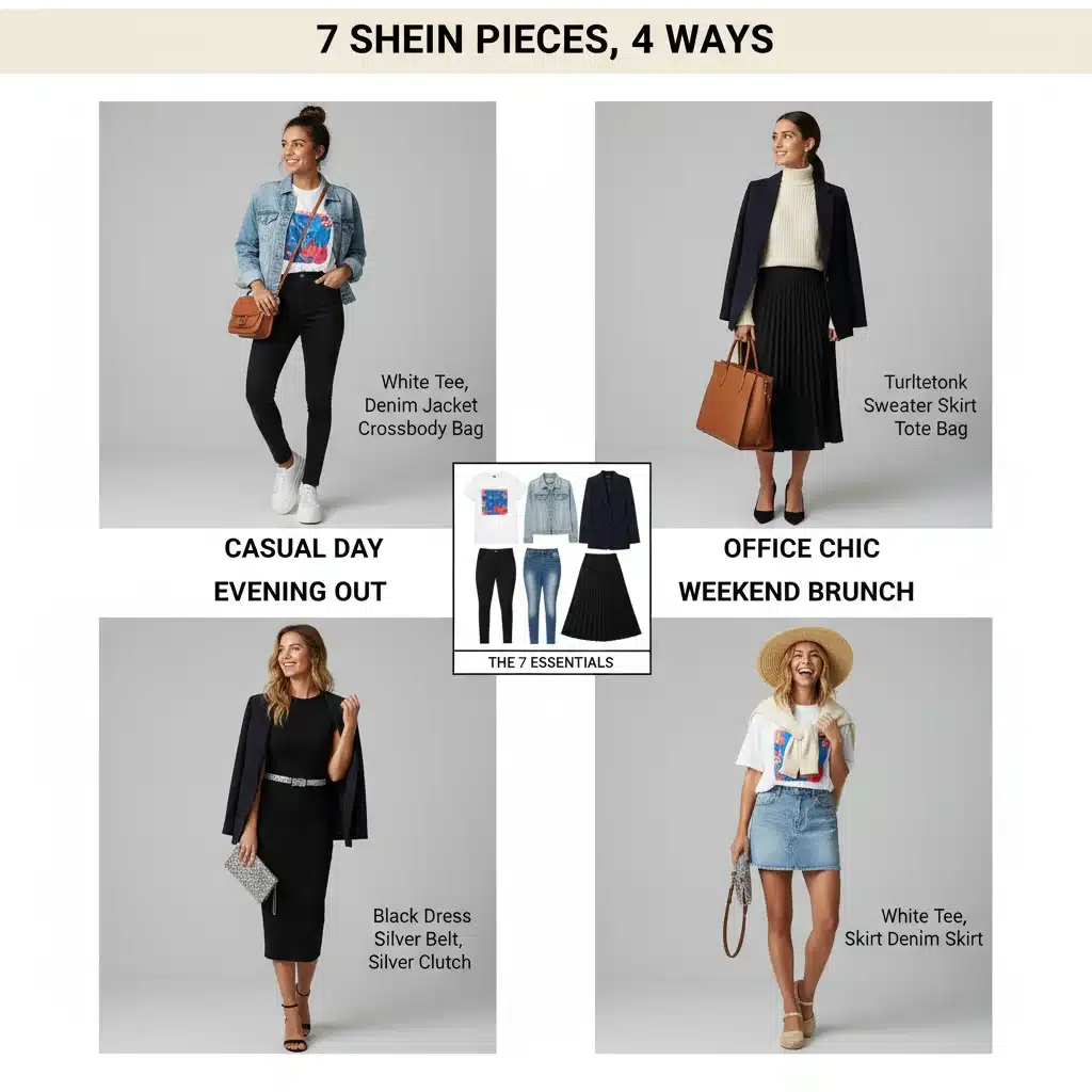 Collage de looks variés créés avec les mêmes 7 pièces SHEIN, démontrant la polyvalence.