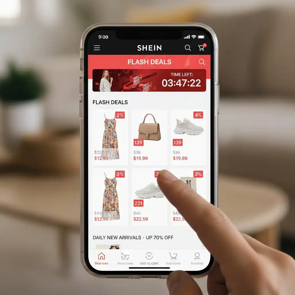 Écran de smartphone affichant les promotions et offres flash de l'application Shein, avec un compte à rebours visible.