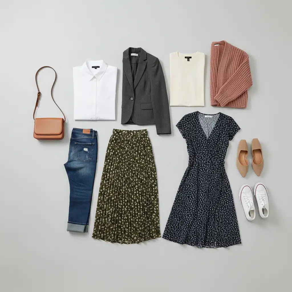 Sept pièces polyvalentes SHEIN présentées à plat, composant une garde-robe capsule efficace.