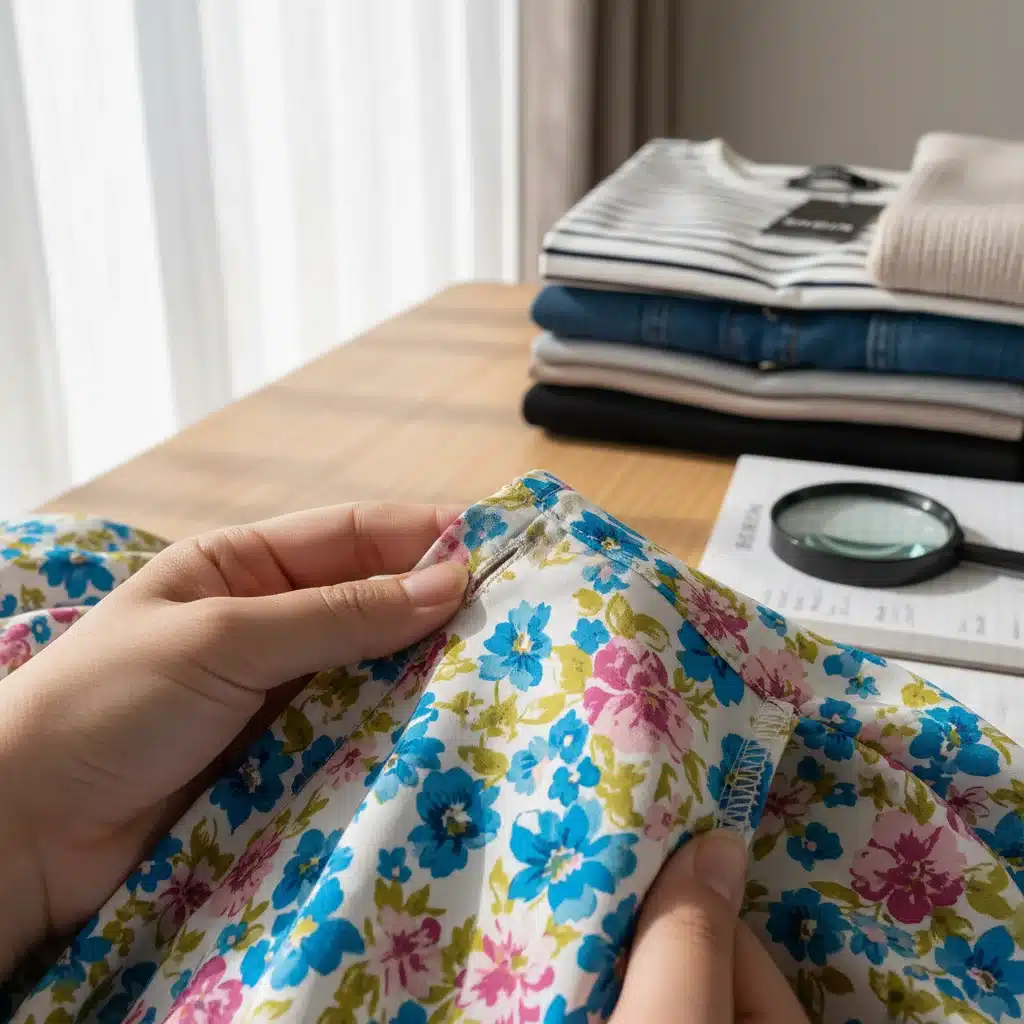 Mains examinant la qualité d'un vêtement Shein, vérifiant les détails.