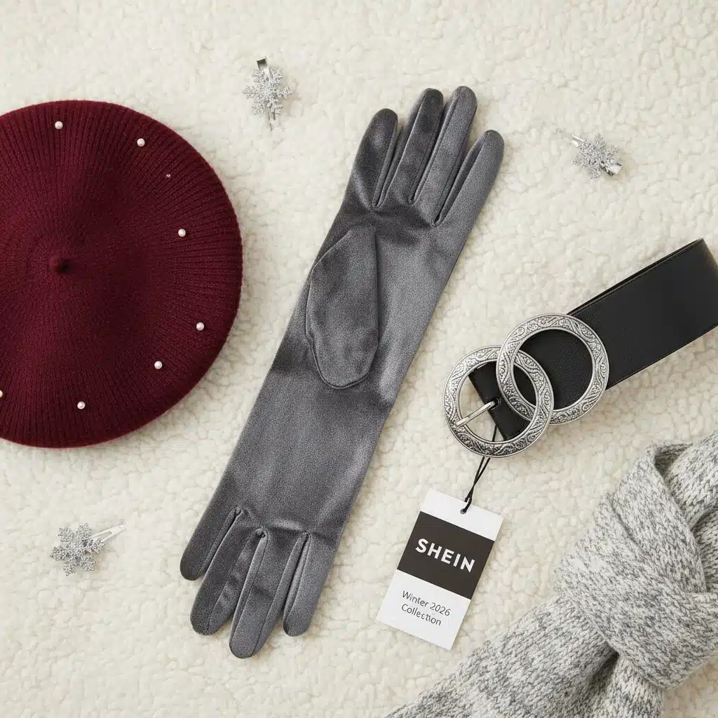 Accessoires Shein hiver 2026 : gants longs, béret en laine et ceinture tendance.