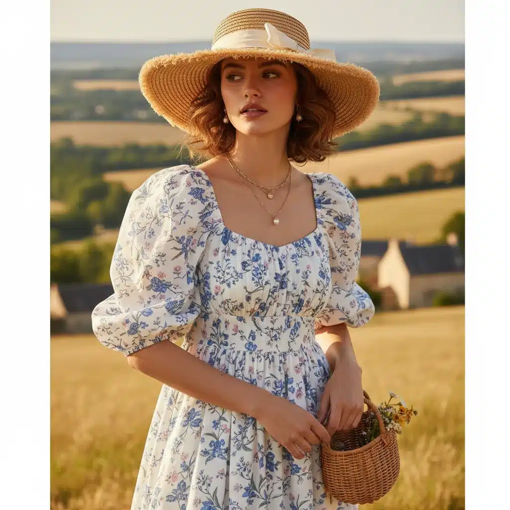 Modèle vêtue d'une robe midi fleurie style Cottagecore Chic de Shein, avec des manches bouffantes et un chapeau de paille, dans un décor champêtre.