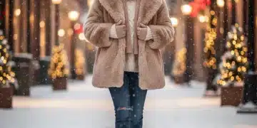 Femme stylée portant un manteau fausse fourrure Shein dans un paysage hivernal urbain.