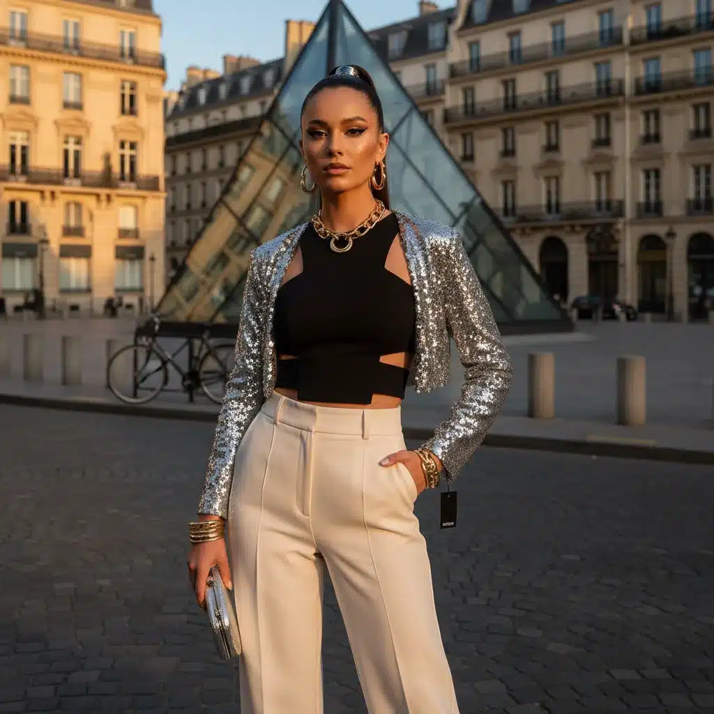 Personne stylée portant un ensemble Neo-Glam Urbain Shein avec un pantalon large, un crop top structuré et des accessoires métalliques, devant un bâtiment moderne.