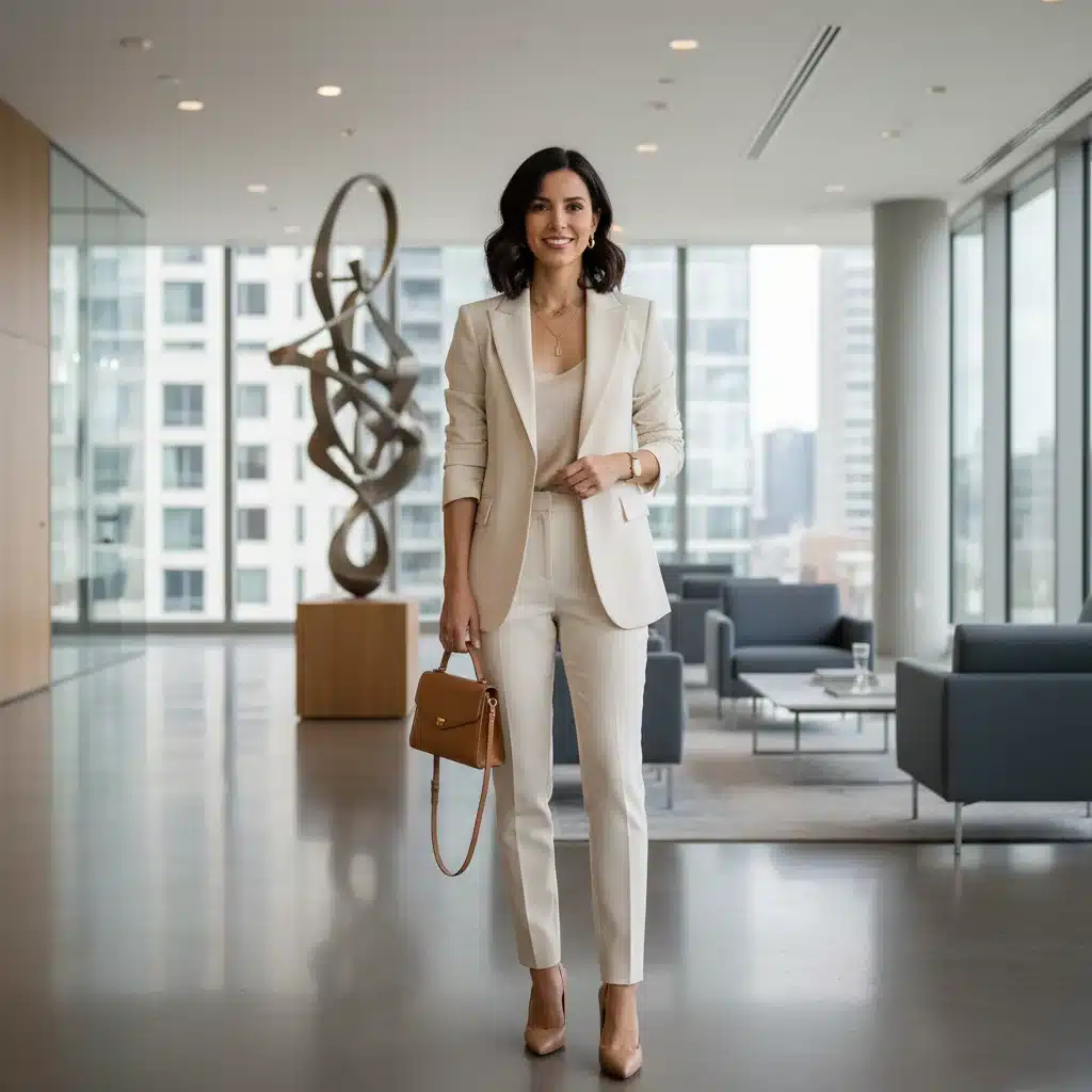 Femme en tailleur-pantalon élégant, idéal pour un look de bureau professionnel et chic.