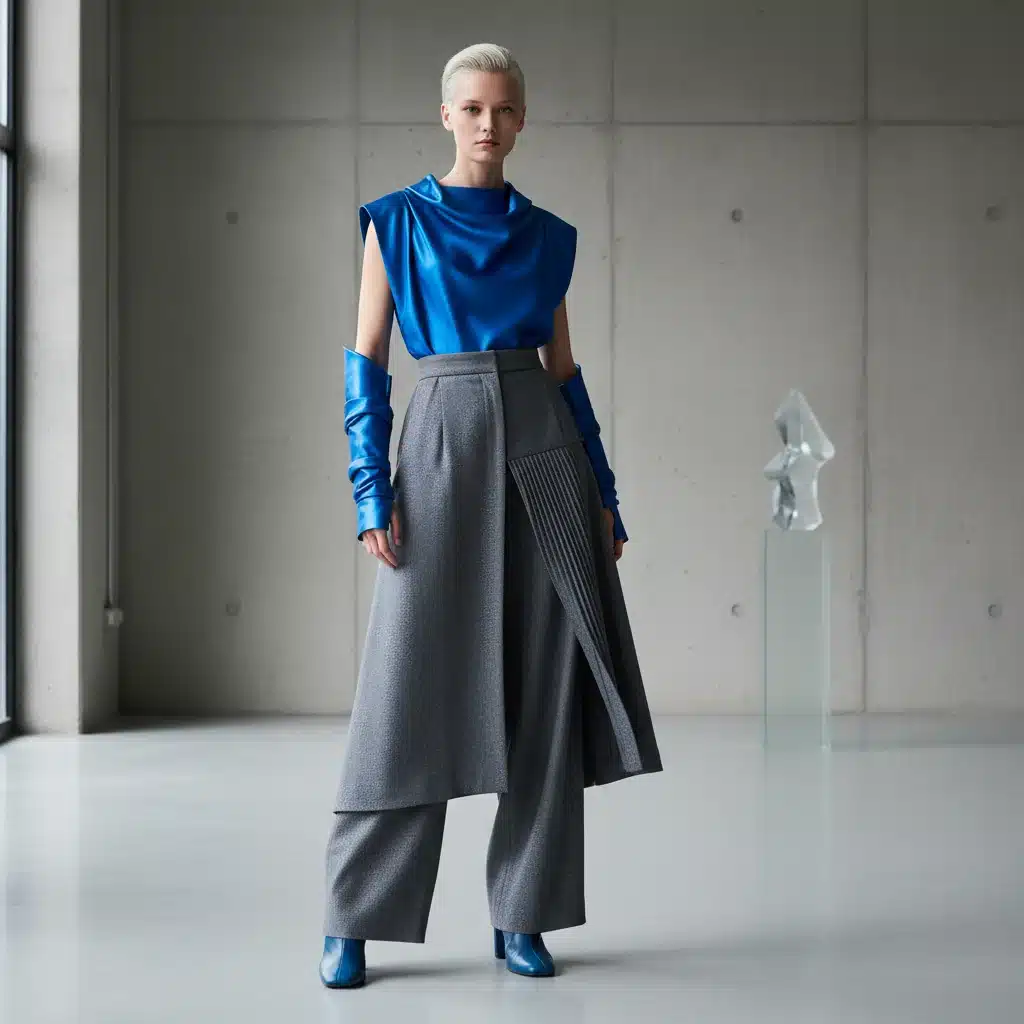 Mannequin en tenue bleu électrique et gris anthracite, une combinaison audacieuse pour 2026
