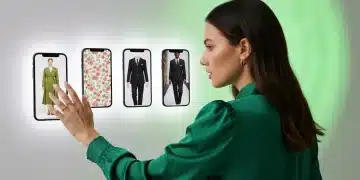 Tendances Shein Actuelles : Décryptez les Incontournables de la Saison Jeune femme élégante en blouse Shein verte, naviguant entre des écrans de smartphones affichant des micro-tendances mode comme le 'cottagecore' et le 'dark academia', sur un fond studio lumineux, symbolisant l'émergence rapide des styles Shein.