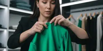 Une jeune femme inspectant attentivement le tissu et les coutures d'une robe en satin verte émeraude, évaluant sa qualité et sa pertinence pour les tendances mode rapide.