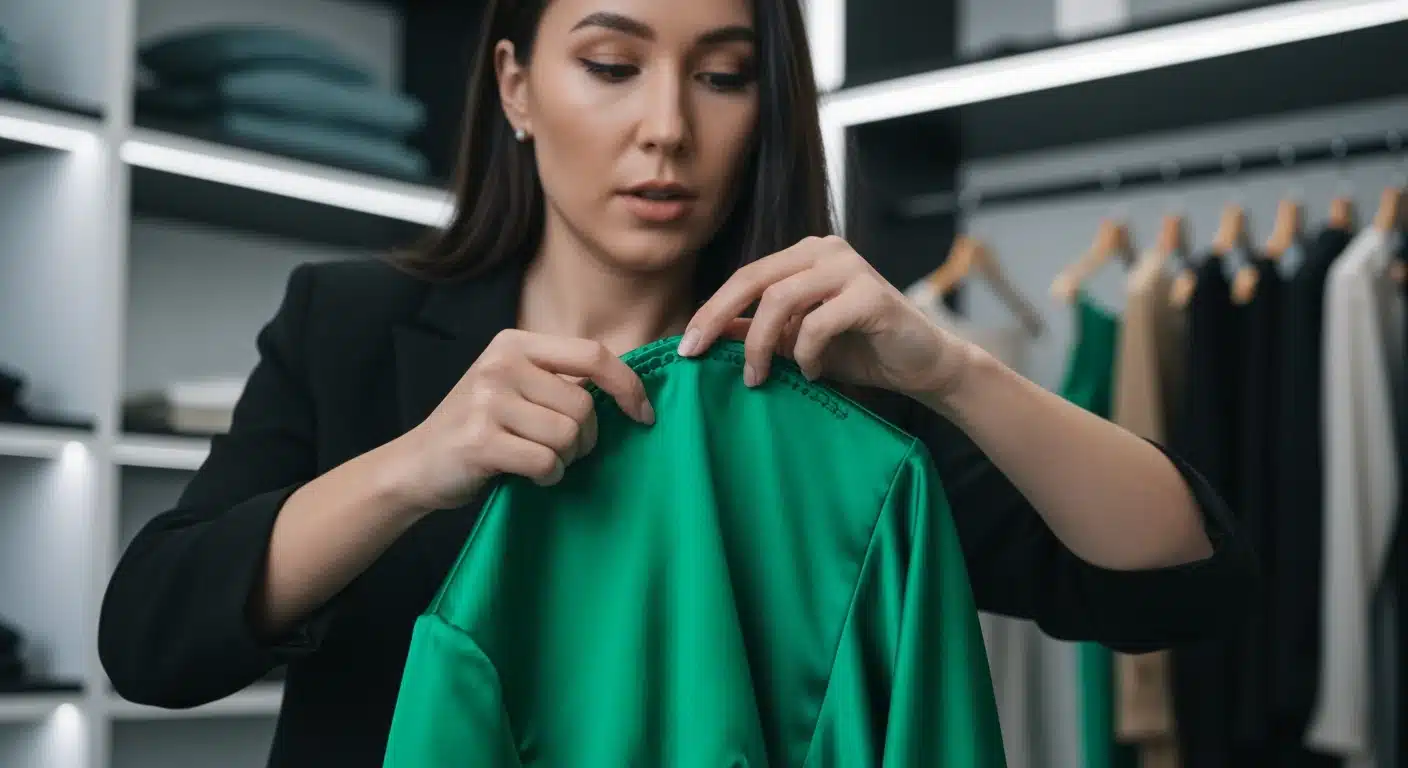 Une jeune femme inspectant attentivement le tissu et les coutures d'une robe en satin verte émeraude, évaluant sa qualité et sa pertinence pour les tendances mode rapide.