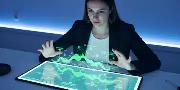 Une jeune femme concentrée, devant un écran holographique projetant des analyses de données de mode en vert et bleu, illustrant l'algorithme de Shein.