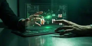 Une personne interagit avec une projection holographique d'un réseau de données de mode vertes, symbolisant l'algorithme de Shein qui détecte les micro-tendances.