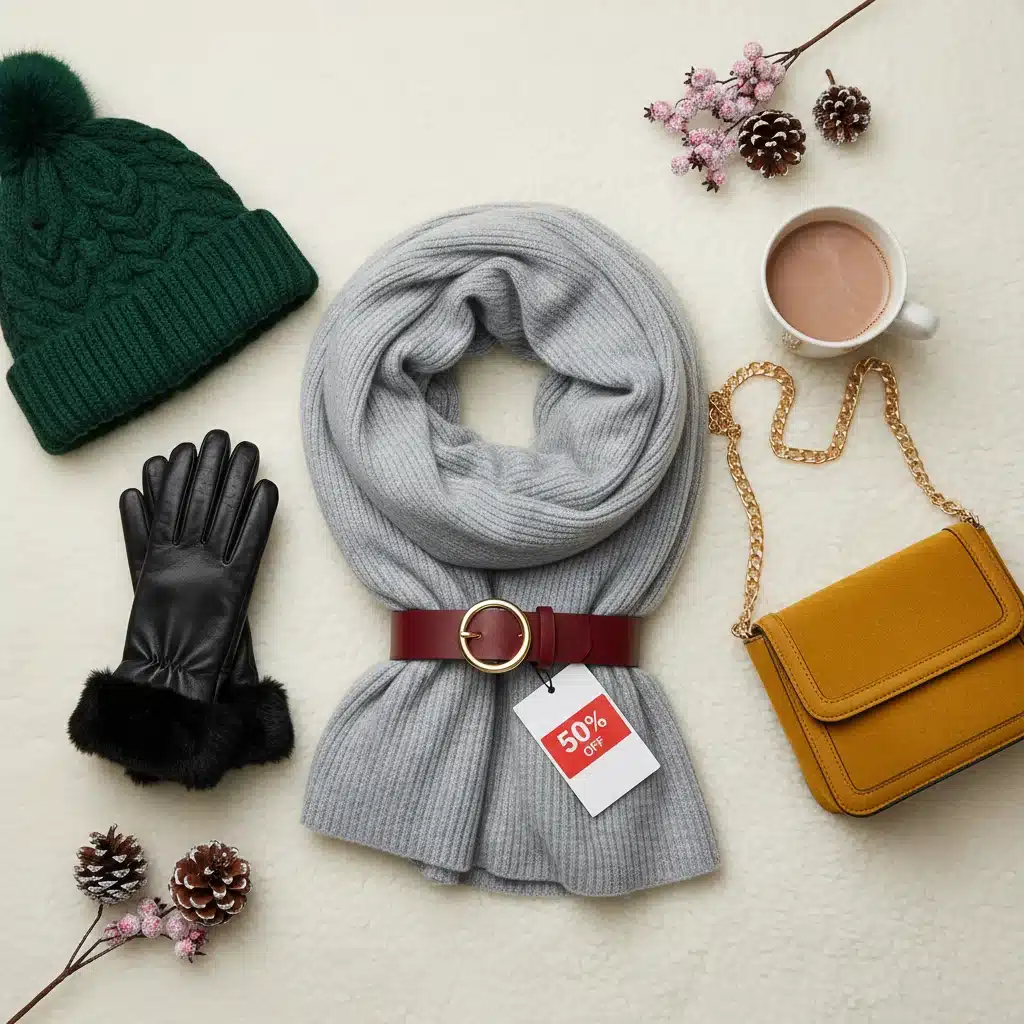 Assortiment d'accessoires d'hiver : écharpe en cachemire, gants en cuir, bonnet, ceinture et sac à main