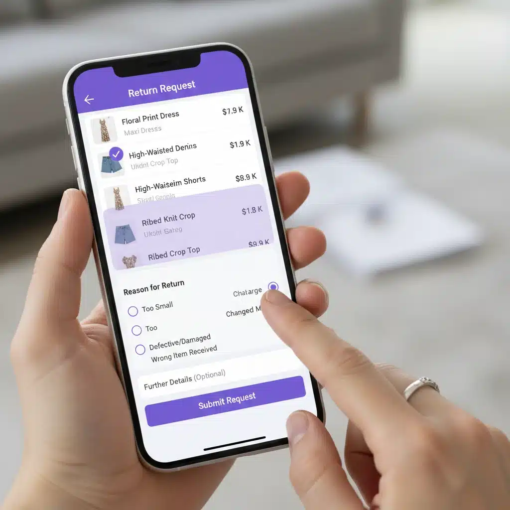 Écran de smartphone affichant l'application Shein avec un formulaire de demande de retour rempli.