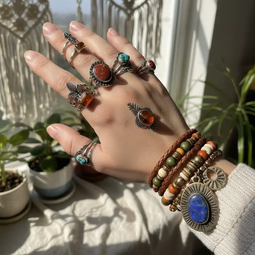 Main ornée de bagues empilées et d'un bracelet superposé de la collection Bohemian Rhapsody de SHEIN, affichant un style libre et artistique.