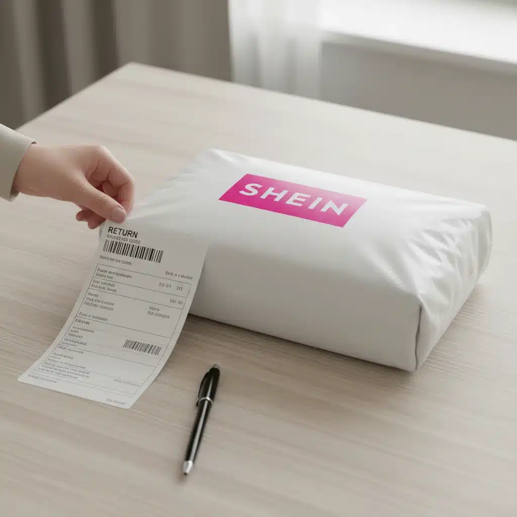 Colis de retour Shein emballé, prêt à être expédié, avec l'étiquette de retour visible.