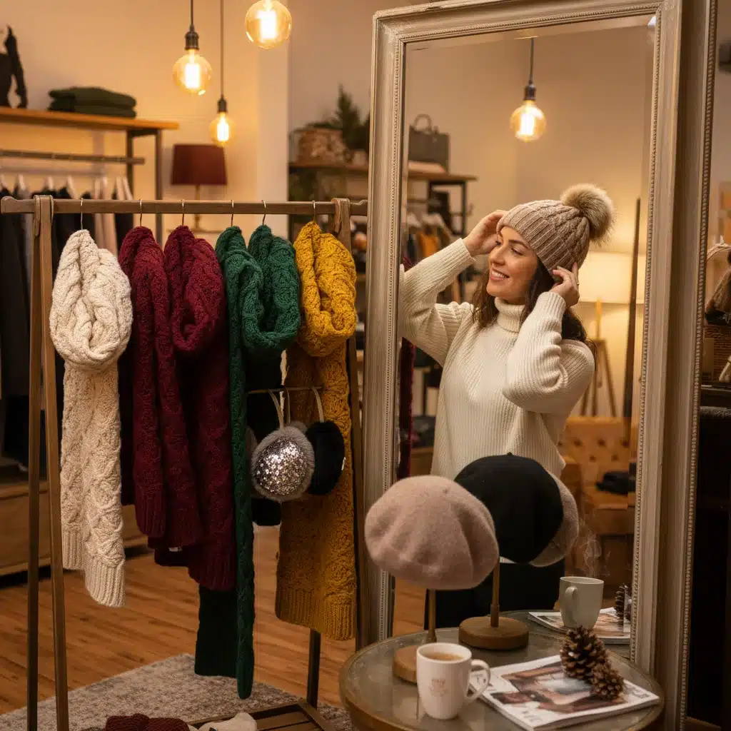 Personne essayant des bonnets et écharpes d'hiver devant un miroir dans une boutique chaleureuse