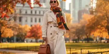 Femme élégante avec écharpe tendance, sac structuré et chapeau, marchant dans un parc d'automne 2026