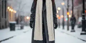 Femme élégante en manteau de laine et accessoires d'hiver chics dans un paysage urbain enneigé