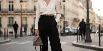 Influenceuse française élégante dans les rues de Paris, look chic et minimaliste