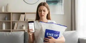 Femme avec colis Shein et smartphone, consultant les instructions de retour pour 2026.