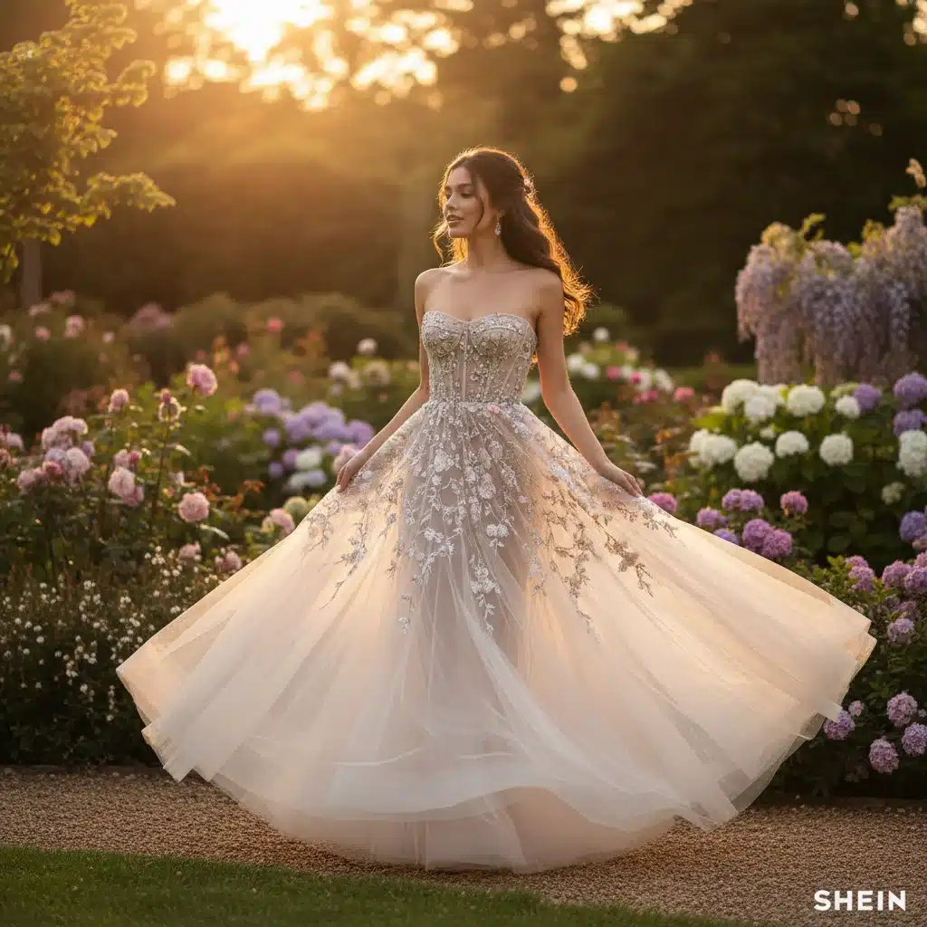 Modèle en robe bustier en tulle brodé SHEIN, tourbillonnant dans un jardin fleuri au coucher du soleil.