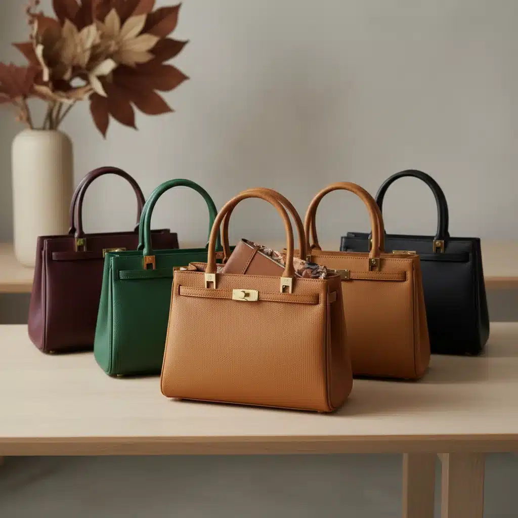 Assortiment de sacs à main structurés aux couleurs profondes de l'automne, posés sur une table en bois