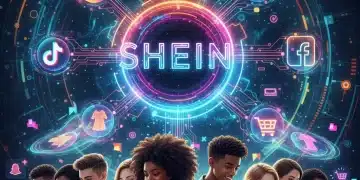 Illustration futuriste de l'influence de Shein sur les réseaux sociaux en 2026