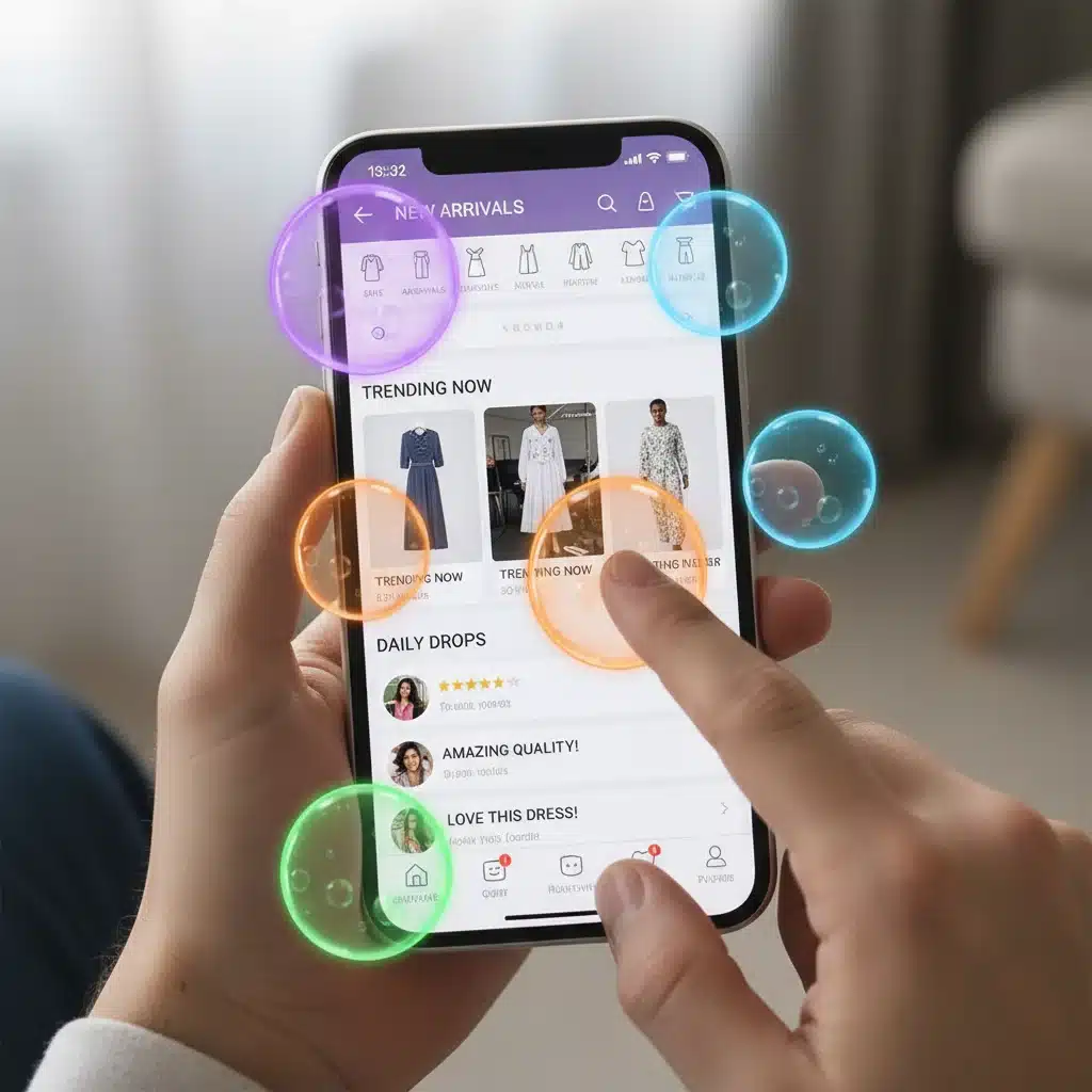 Écran de smartphone affichant l'application Shein avec filtres de recherche et avis, pour des trouvailles ciblées.