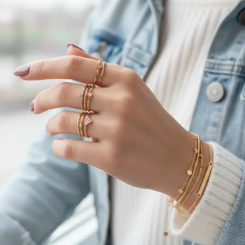 Mains d'une femme portant des bagues et bracelets Shein délicats et empilables, ajoutant une touche d'élégance.