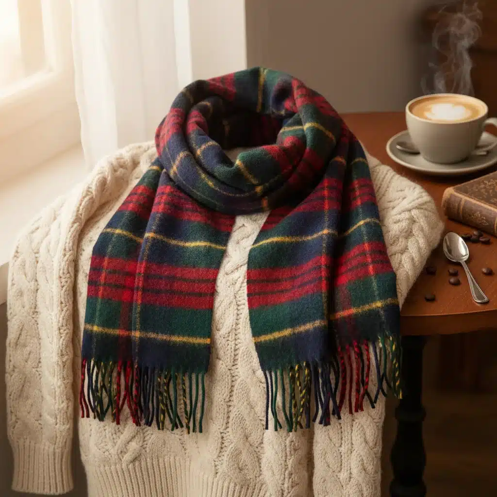 Écharpe tartan de luxe sur un pull en cachemire, détail hivernal