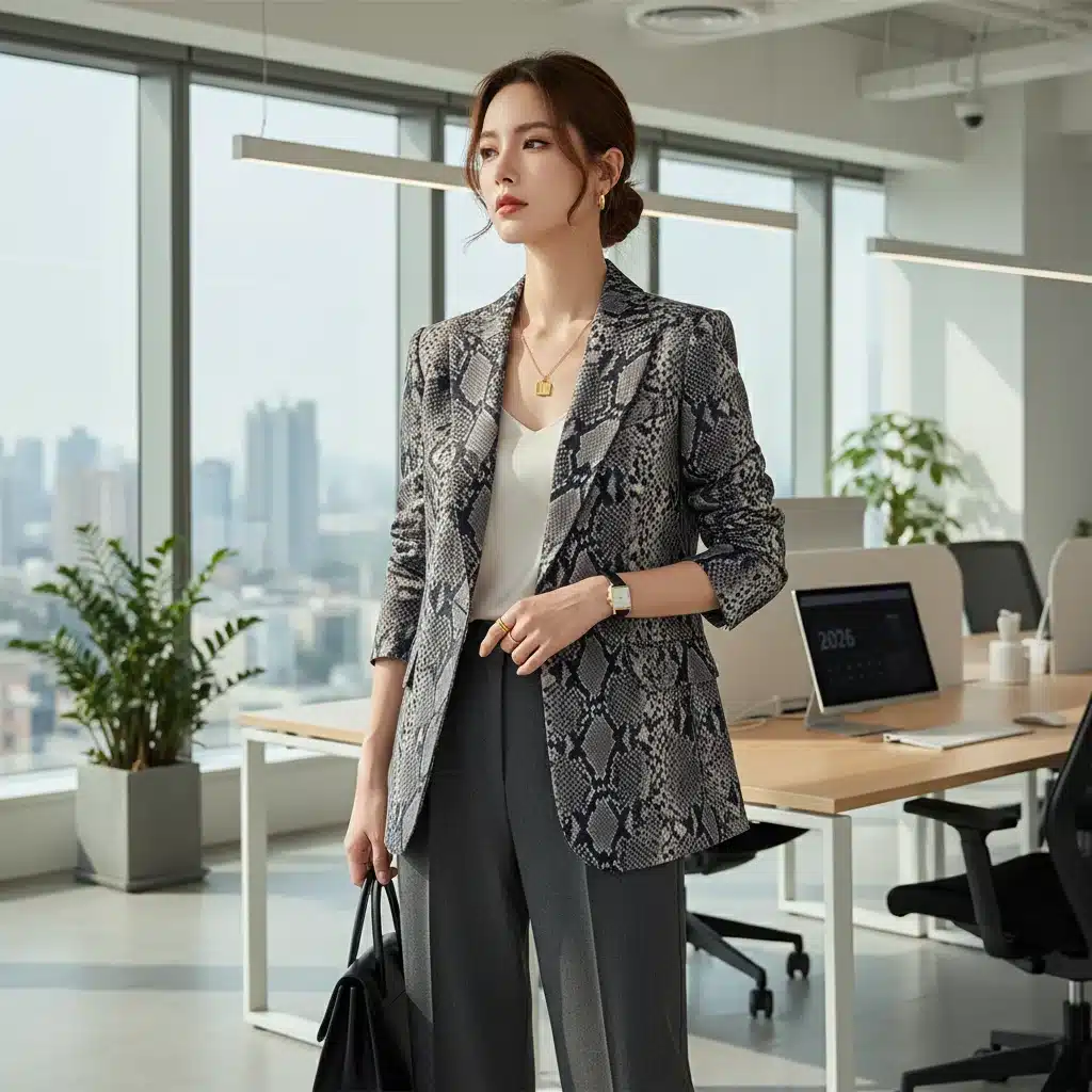 Femme élégante en blazer à imprimé animalier réinventé, look de bureau chic