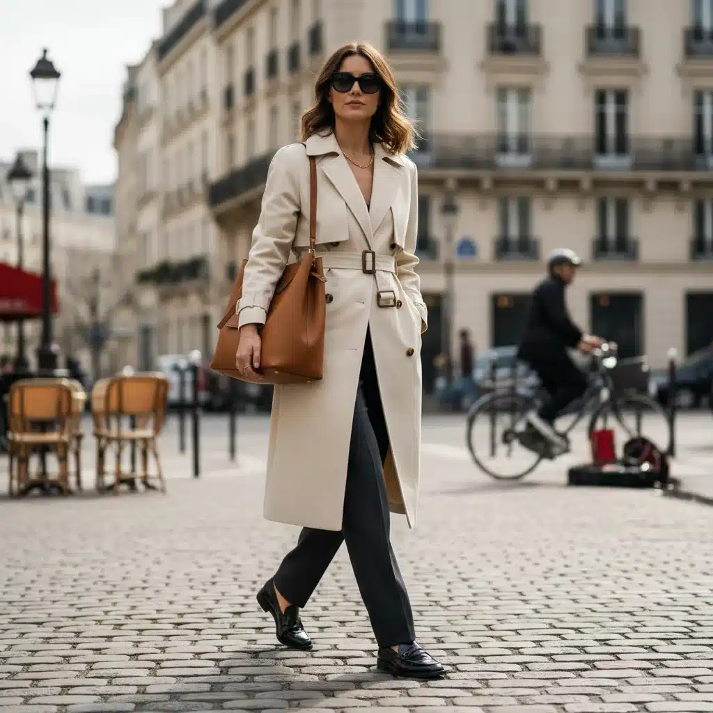 Femme élégante en tenue minimaliste dans les rues de Paris