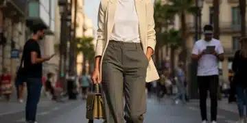 Femme élégante en look décontracté-chic : blazer, pantalon large, baskets et sac structuré en ville.