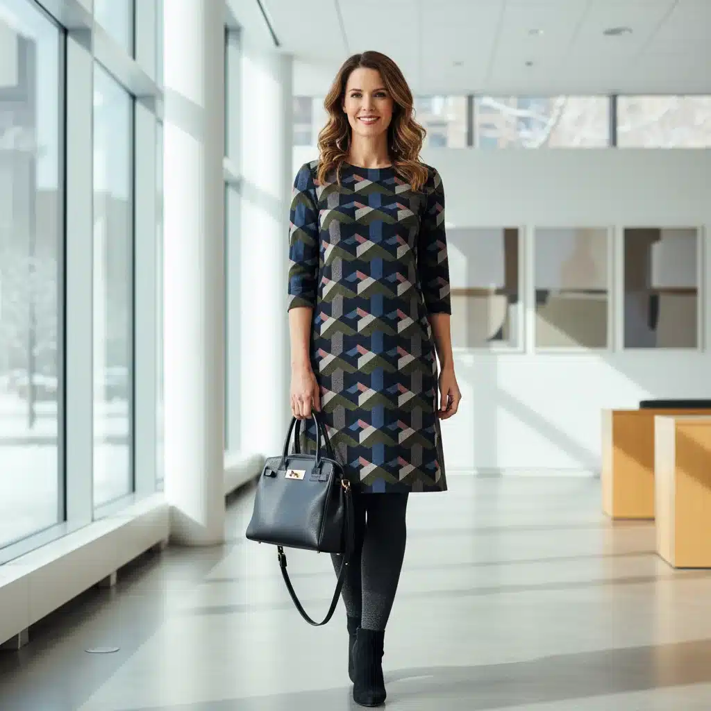 Femme élégante en robe à imprimé géométrique, style professionnel hiver