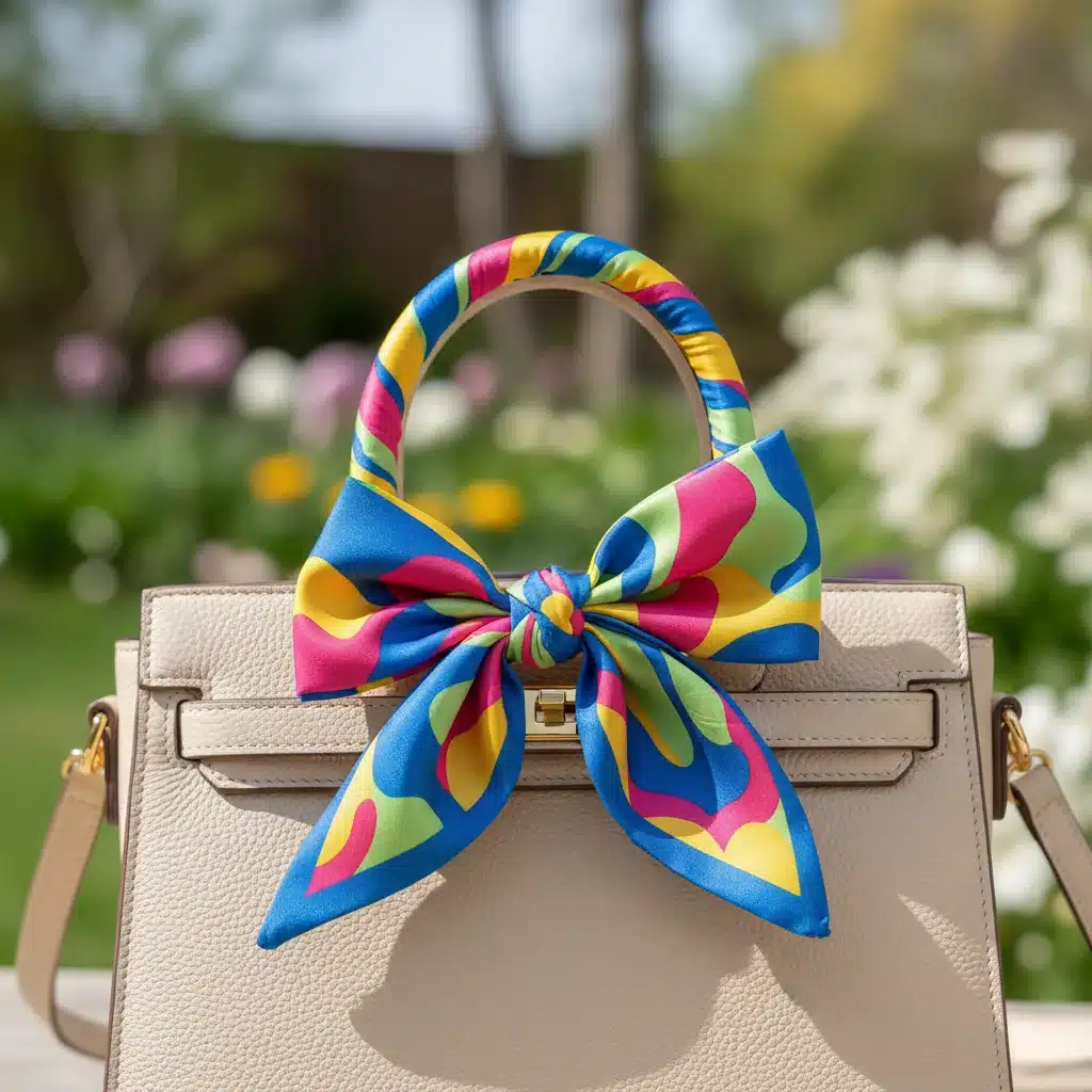 Foulard Shein coloré noué de manière créative autour de l'anse d'un sac à main, illustrant une astuce de style polyvalente.