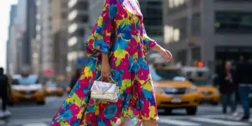 Mannequin portant une robe à imprimé floral audacieux, tendance mode 2026