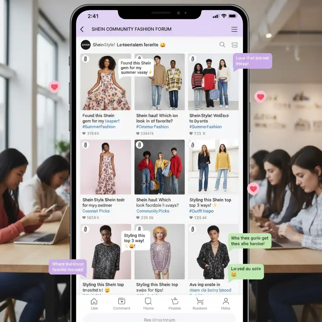 Groupe d'amis discutant de mode et partageant des astuces Shein sur les réseaux sociaux.